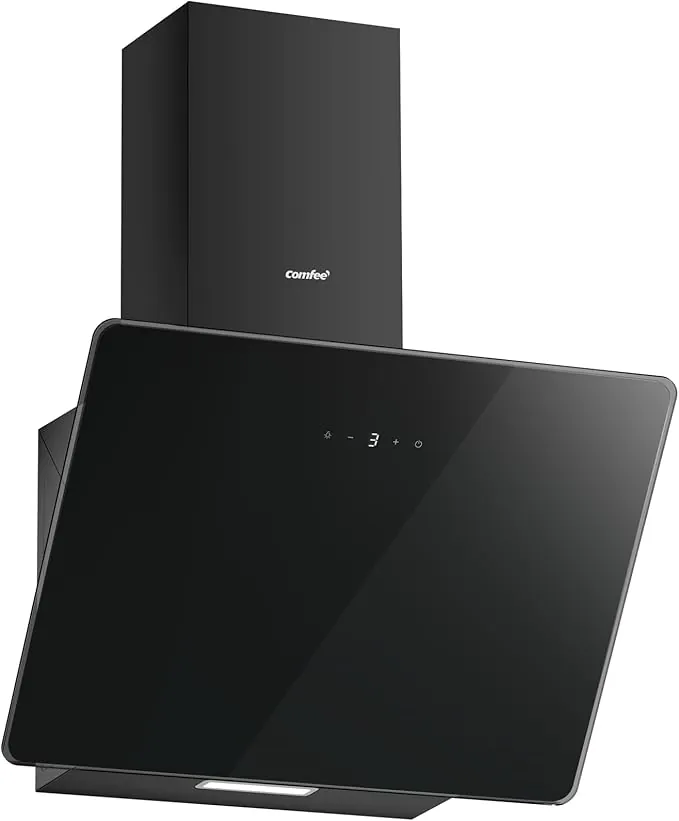 COMFEE' ANGJ64B-60 Campana Extractora Inclinada, 400m³/h, 60cm en Vidrio Templado, 3 Niveles de Velocidad, Pantalla Táctil LED, Recirculación Interna o Canalización, 60cm, Negro