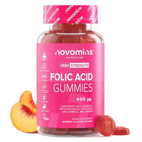 Acido Folico 400 mcg| 90 Gominolas | Ácido Fólico Embarazo | Novomins | Suministro para 3 Meses | Acido Folico Preconcepción | Sin Gluten Vitamina B9 | Contribuye al Crecimiento del Tejido Materno