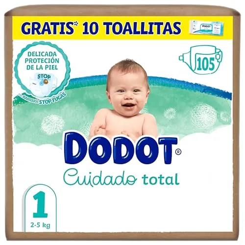 Dodot Pañales Bebé Cuidado Total Talla 1 (2-5kg), 105 uds + 10 Toallitas