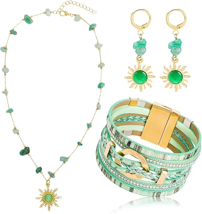 MWOOT Juegos de Joyas Bohemia para Mujeres, Pulseras de Cuero Bohemio Multicapa, Vintage Gargantilla con Colgante de Sol Verde, Boho Pendientes Colgantes de Sol de Cristal
