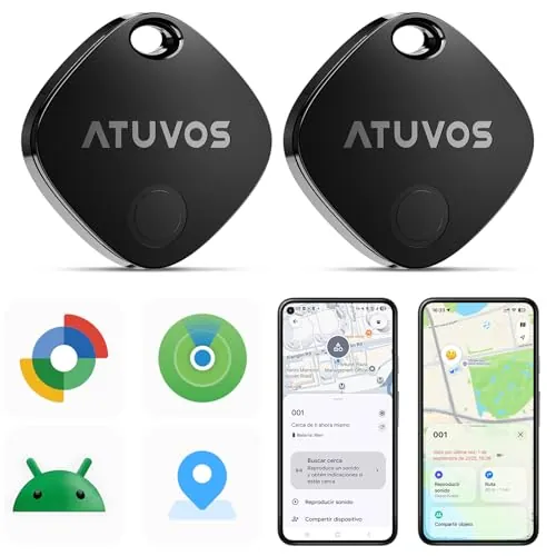 ATUVOS Air Tag Pro Smart Tag Tracker para Android & iOS, Dual Sistema Buscador de Objetos Compatible con Google Localizador o Apple Buscar APP, para Llaves/Equipaje/Maleta.Batería Reemplazable. 2 Pack
