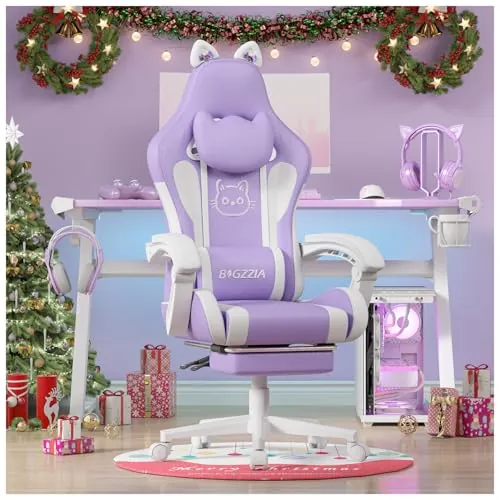 Bigzzia Silla Gaming con Orejas, Silla Gamer con Masaje (Morado)