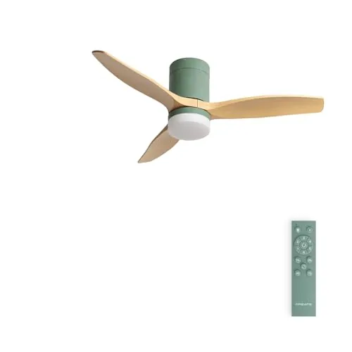 CREATE / WINDCALM S/Ventilador de techo ABS con luz verde sage efecto aspas madera clara y mando / 40W, Silencioso, Ø112 cm, 6 velocidades, 3 temperaturas de luz, función verano-invierno