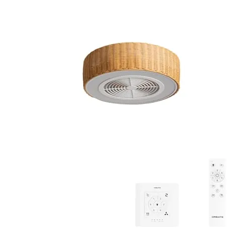 CREATE / WIND CLEAR EASY S/Ventilador de techo con aspas ocultas ratán con controlador y mando / 40W, Silencioso, Ø50 cm, luz LED 3 temperaturas, temporizador, función verano-invierno