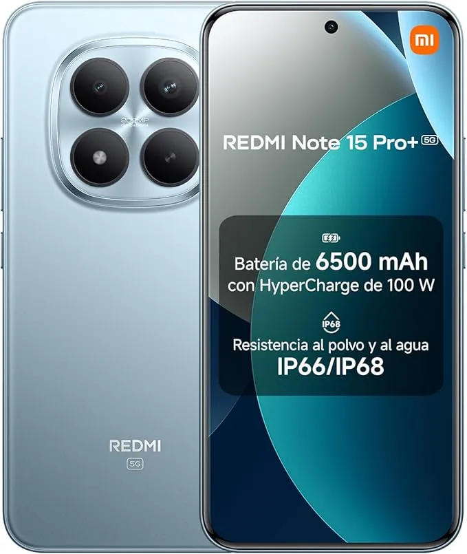 XIAOMI REDMI Note 15 Pro+ 5G - Smartphone de 8+256GB, Pantalla AMOLED 6,83" 1.5K AMOLED, Snapdragon 7s Gen 4, cámara de 200 MP, Hypercharge 100W, Cargador no Incluido, Azul Glaciar (Versión ES)