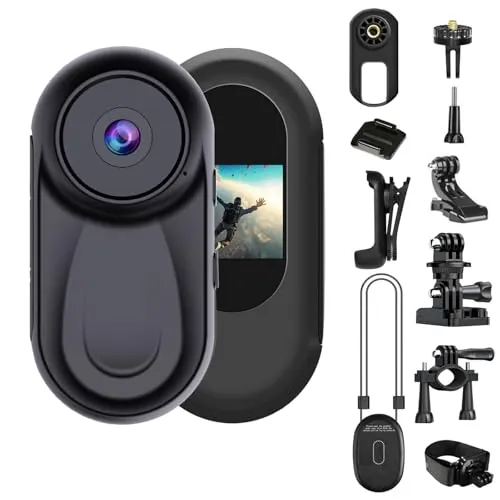 OBEST Mini Camara Accion Visión Nocturna 360 Cámara Deportiva Bodycam Casco Moto 1080P Cámaras Corporal con Pantalla 0,85", Camera Vlog POV Video para Actividades Diario, Acc multifunción Negro