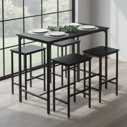 buybyroom Juego de mesa de bar con taburetes y juego de comedor - Juego de mesa de comedor en diseño de mármol negro, 100 x 60 x 90 cm