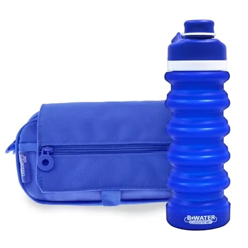 office box - Pack Vuelta al Cole: Estuche Triple “el Original” + Botella de Silicona Plegable BWater – Lavable y Resistente para durar Todo el Curso por un Precio único. (Azul Oscuro + BWater)