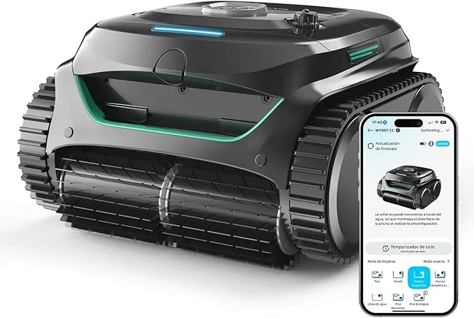 WYBOT C2 Limpiafondos Piscina, Robot Limpiafondos Piscina Inalámbrico 150㎡, Doble Filtración, 3 Motores, Succión Potente, Limpieza Paredes & Línea de Agua, 180 Min, App(Negro-Verde Gris)
