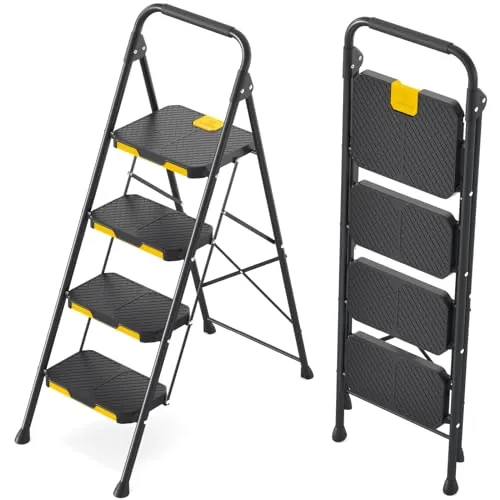 KINGRACK Escalera Plegable de 4 Peldaños con Bloqueo de Seguridad, Escalera de Tijera Doméstica Carga hasta 360kg con Pedal Ancho Antideslizante, Pasamanos, Taburete de Acero, para Hogar Cocina, Negro