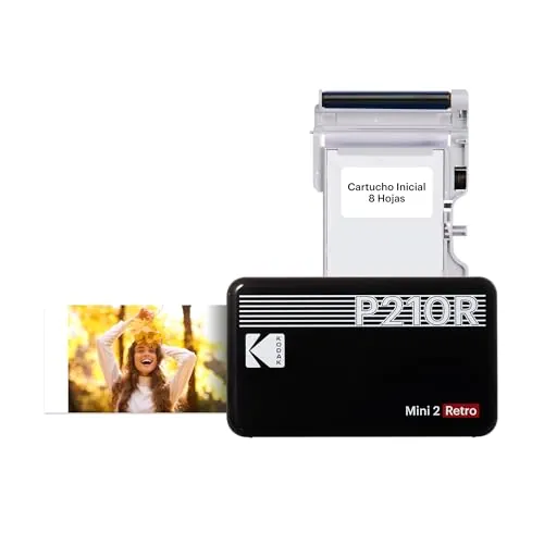 Kodak Mini 2 Retro 4Pass, Impresora Fotográfica + 8 Hojas, Fotos Instantáneas Tamaño 54X86mm, Conexión Inalámbrica Bluetooth - Negro