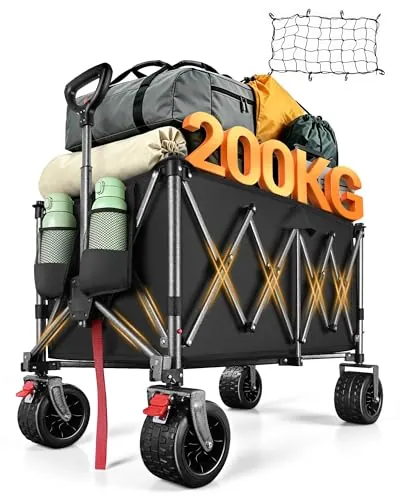 YEAUPE PRO Carro Playa Plegable con Ruedas Anchas y Frenos 190L Negro | Capacidad de 150 kg, estructura reforzada con doble freno y mango ajustable para playa, camping y actividades exteriores