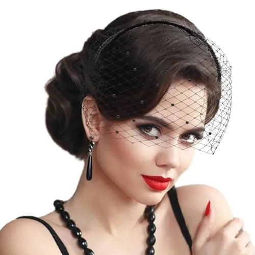GEEHUA Diadema de velo de novia, tocado de boda, velo de malla estilo jaula de pájaros para mujer, tocado de encaje vintage estilo años 20, accesorio de Halloween (negro)