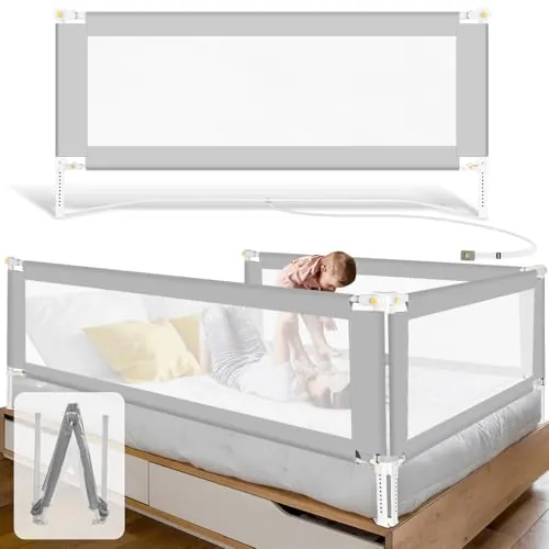 Vkechh Barrera de Cama para Niños 200 cm x 2 + 180 cm x 1, Barandilla de Seguridad Abatible con Base en U, Altura Regulable 68-95 cm, Malla Transpirable, Gris