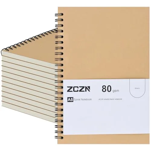 ZCZN Cuaderno A5 Hojas Blancas Libretas 12 Pack Cuaderno Espiral de Diarios con Cubierta de Kraft, 60 hojas/120 Páginas para Viajar Dibujo Escribir