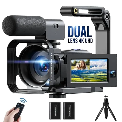 4K 56MP Videocámara doble objetivo WiFi Youtube Vlogging Camera 16X Zoom Digital Video Camera IR Visión Nocturna 3" Pantalla Táctil Giratoria con Micrófono, Estabilizador de Mano, Control Remotol