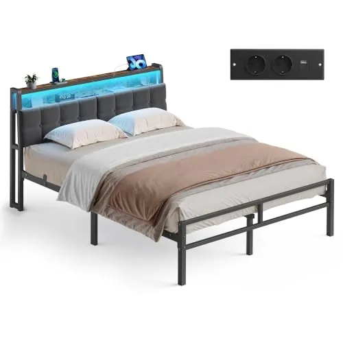 VASAGLE Cama, Estilo Industrial, 135 x 190cm,RMB126G103 | Con Cabecero Tapizado, Luces LED y Enchufes, 208,9 x 135,5 x 104,5 cm, Negro y Marrón, Colección Dupon RMB126G103