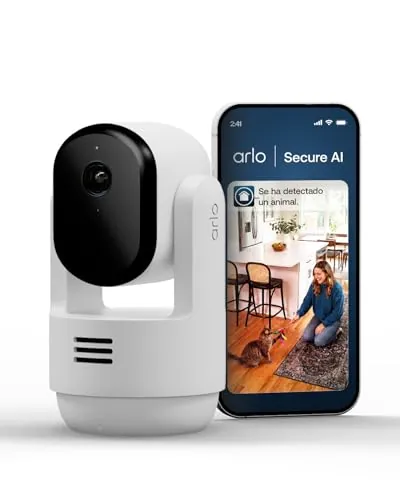 Arlo Essential 3 Indoor PTZ 2K con Rotación Horizontal, Vertical y Zoom, Vigilancia Bebe/Mascotas, Sensor de Movimiento, Visión Nocturna, Prueba Secure Incluida, con Cubierta de Lente, 1 Cámara