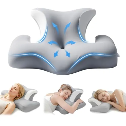 COSYLAND Almohada Cervicales y Cuello - Ergonómica para Dormir de Lado, Boca Arriba o Abajo, Espuma Viscoelástica, Diseño con Espacio para Orejas y Brazos, Funda Transpirable, 64×48×24 cm, Gris
