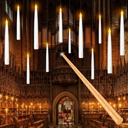 Tyreses Velas Flotantes con Varita, 12 Navidad velas Floating Mágicas Candles, Luces LED a Pilas Velas sin llama que Eléctrica Parpadeantes Decoración de casa, iglesia, fiesta, Halloween Navidad