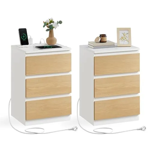 VASAGLE KAILYN Colección - Mesita de Noche con Estación de Carga, Juego de 2, Mesa Auxiliar con 3 Cajones, 2 Tomas AC, 2 Puertos USB, Dormitorio, Estudio, Blanco Nube y Amarillo Almendra LET831Y01