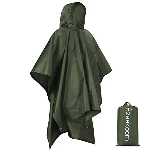 Azeekoom Poncho Impermeable, Poncho de Lluvia Reutilizable con Capucha, Multiusos Ligero Chubasquero para Hombre Mujer Excursionismo, Picnic y Camping (Verde)