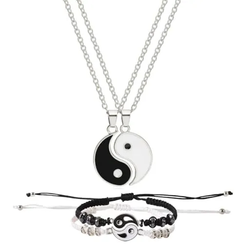 UYVPAER Conjunto Collar Y Pulsera Yin Yang, Pulseras Collares Mejor Amigo Para 2 Pulsera Cordón Ajustable Yin Yang A Juego Collar Colgante Yin Yang Para Parejas Amistad Novia Novio