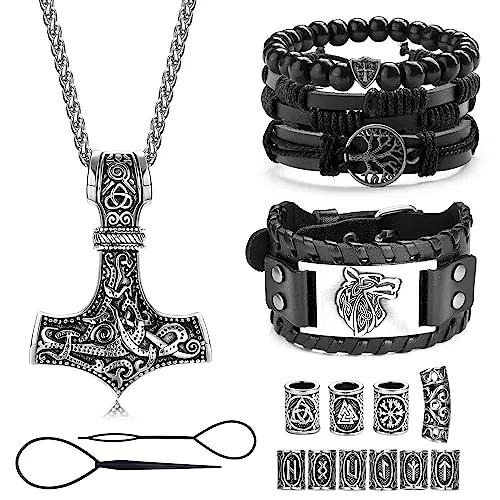 Adramata Collar Vikingo Con Colgante Martillo de Thor y Cuentas para Barba y Pelo - Pulsera de Cuero para Hombre - Regalos