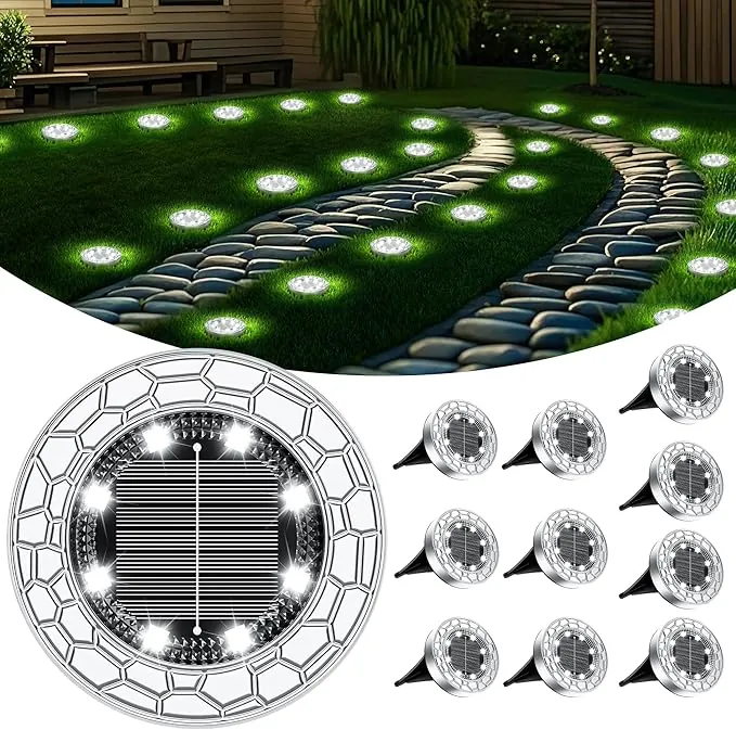 FIFlying 10 Piezas Luces Solares LED Exterior Jardín, 8 LED Luces Solares LED Exterior Jardín Suelo, Acero Inoxidable, Luces Solares LED Jardín para Césped, Camino, Acera, Patio, Blanco Frío