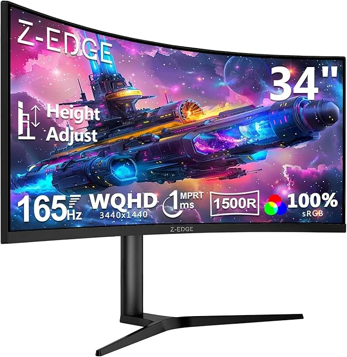 Z-Edge Monitor Gaming Curvo 34 Pulgadas, 165Hz, 3440x1440, 1ms MPRT, Altura & Inclinación Ajustables, Pantalla Ultra Ancho 21:9, FreeSync, 1500R VA, 2* HDMI2.0 &2* DP1.4, RGB, VESA 100 * 100mm