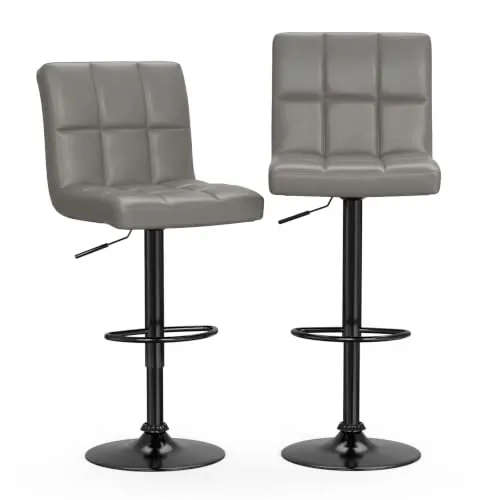 Bigzzia Juego de 2 taburetes de Bar giratorios de Piel sintética, Altura Regulable, con Respaldo, para Desayuno, mostrador, Cocina y hogar Gris/Negro