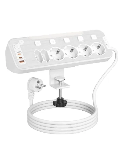 Toma de Mesa con USB C,Regleta Enchufes Proteccion Sobretension,Regleta Escritorio 6 Enchufes con Interruptor Independiente,Enchufe Multiple 6 Tomas con Dispositivo de Sujecióncon y Cable 2M,Blanco