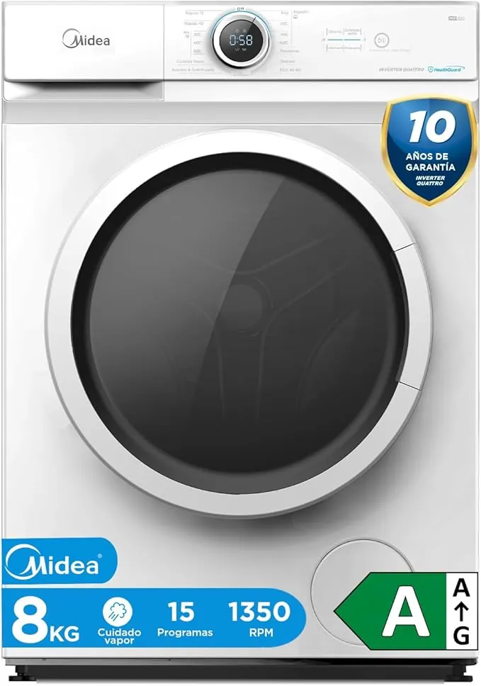 Midea Lavadora 8kg Carga Frontal 1950W, 1350 rpm con Motor Inverter - Lavadoras con 15 Programas y Tecnología Healthguard - Washing Machine Bajo Consumo, Lavado Rápido, Función Vapor y Modo Eco
