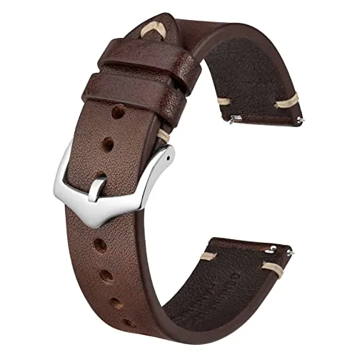 BISONSTRAP Correas de Reloj para Hombre, Correas de Reloj de Cuero Cosidas a Mano, Liberación Rápida, 22mm, Marrón Café con Hebilla Plateada
