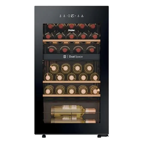 Haier Wine Bank 50 Series 5 HWS32GDG Vinoteca de 32 botellas, 2 Zonas independientes, Estantes de madera, Filtro Anti-UV, Sistema Antivibración, Display Digital, Iluminación LED, 37 dbA, Negra