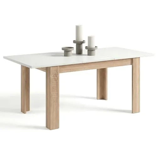 duehome | Mesa de Comedor Extensible, Mesa Rectangular, Modelo Sira, Acabado en Roble Canadian y Blanco Artik, Medidas: 140-190 cm (Largo) x 90 cm (Ancho) x 78 cm (Alto)