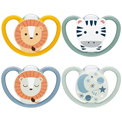 NUK Space Day & Night chupete | 18-36 meses | Chupetes que brillan en la oscuridad con ventilación adicional para pieles sensibles | Silicona sin BPA | Cebra y león | 4 unidades