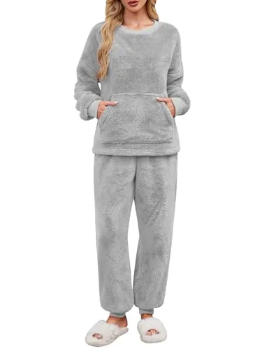 UMIPUBO Pijama Mujer Invierno de Forro Polar Conjunto Super Suave Cálida Largos Pijamas Dos Piezas Dormir Ropa Manga Larga Casa Calentito Pullover y Fleece Pantalones con Bolsillo (Gris, S)