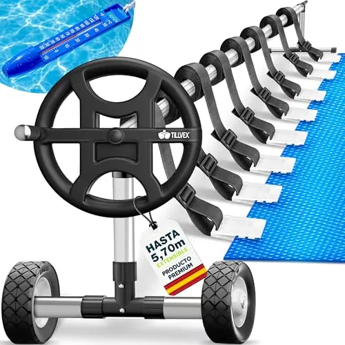 tillvex Enrollador de Cubiertas para Piscinas 3-5,70 m con neumáticos de Caucho Macizo + Termómetro & Cintas de Fijación y Ruedas | Sistema Móvil de Enrollado para Lonas, Láminas Solares