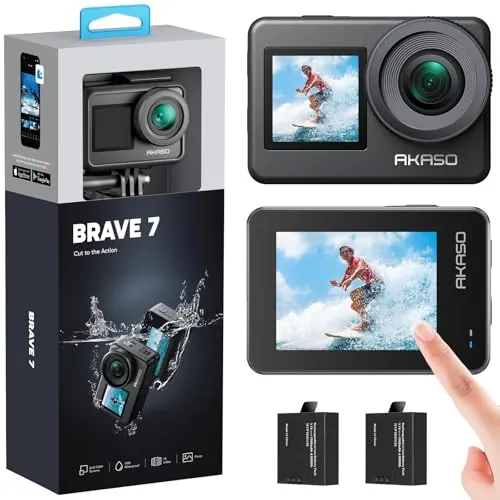 AKASO Brave 7 Cámara Deportiva 4K WiFi 20MP, Cámara de Acción EIS 2.0, IPX8 Camara Acuatica Sumergible con Control Remoto, Soporte Control de Voz, 2x1350 mAh Baterías, Doble Pantalla, Cámara de Vlog