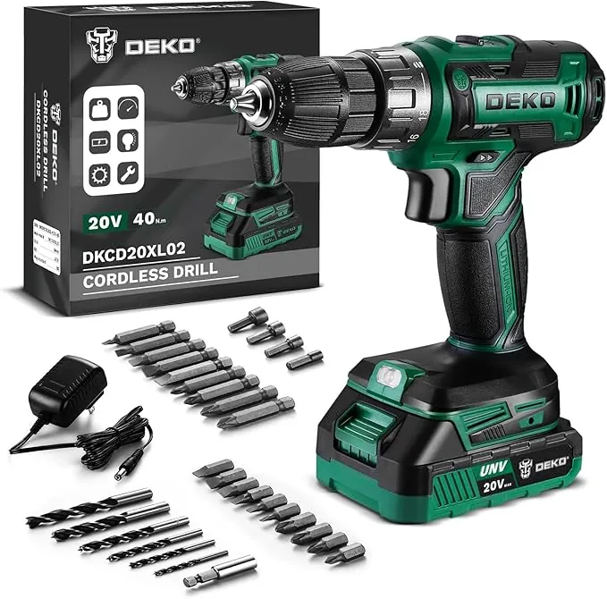 Taladro Inalámbrico, DEKOPRO 20V Taladro Atornillador Bateria con 1 Baterías y Cargador, 40 Nm, 2 Velocidad y LED, Adecuado para Bricolaje en Casa y Jardín,Verde