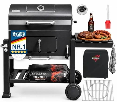 KESSER® Parilla de Carbón con Carrito Grill con Tapa, Ruedas, Mango de Acero Inoxidable | Barbacoa, Cepillo, Cubierta y Termómetro Carbón Wagen Grande BBQ Barbacoa Camping, Jardín XL Negro