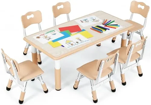 Mesa niños Infantil con 6 Sillas, Grupo de Mesa Infantil en Altura Ajustable, Juego de Sillas para Jardín de Infantes y Habitación, Grupo de Asientos para Niños y Niñas a Partir de 2 Años, Amarillo