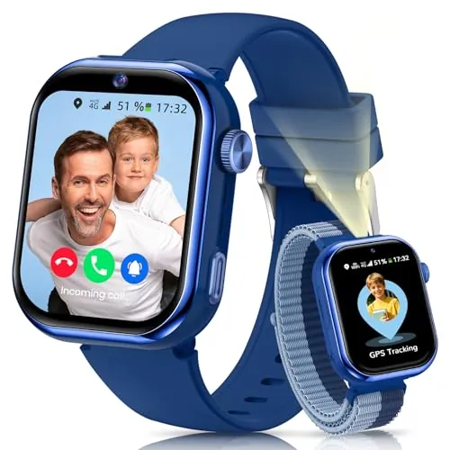 Velmood 4G Reloj Inteligente Niño, Smartwatch Niño con GPS y Llamadas, Videollamadas, Chat de Voz, SOS, Modo Escuela, Doble Cámara, Linterna, Podómetro, Sueño, Despertador IP68 para Niñas Niños Azul
