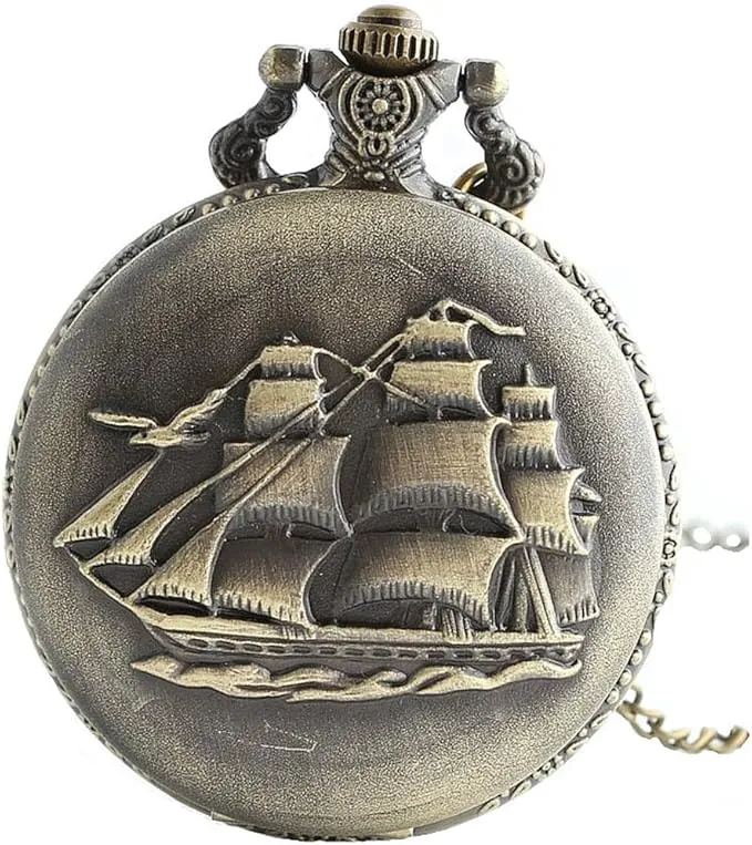 Retro Reloj de Bolsillo Barco de Vela/Barcos de Guerra/Barco Pirata Unisex Reloj de Bolsillo de Cuarzo Grande Collar