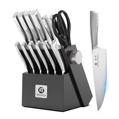 imarku Bloque de Cuchillos Negro, 14 piezas Cuchillos de Cocina, Afilado Juego de Cuchillos Japoneses con Bloque de Madera para Cuchillos, Regalos Dia Del Padre