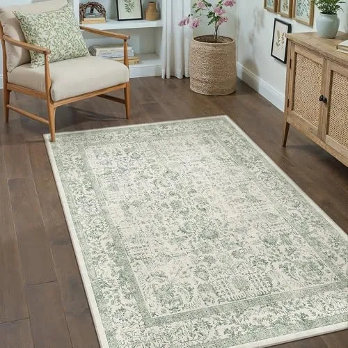 HUGEAR Alfombra Salon Verde Antideslizante Alfombras Lavables en Lavadora Tapetes para Sala 90x150cm Habitacion Dormitorio Comedor Flor Vintage Grande Tapete Pelo Corto tapete Quarto