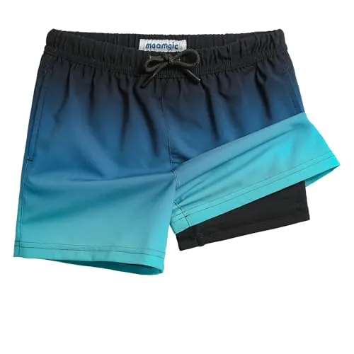 MaaMgic Bañador Niño con Forro 2 en 1 de Compresión y Cintura Ajustable Shorts Traje de Baño Bañador Corto de Natación Secado Rápido VÍA Multiple,Azul y Negro,14-16 años