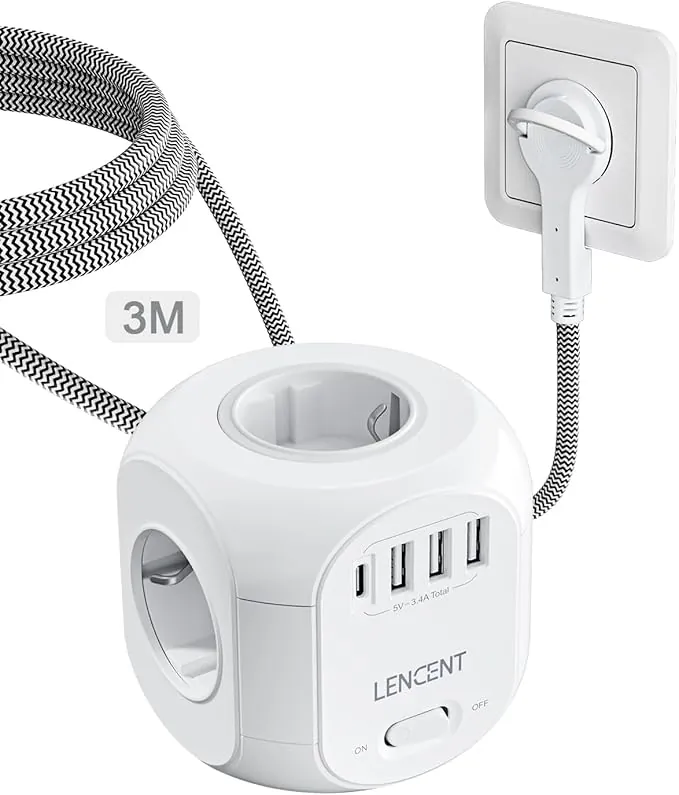 LENCENT Cubo Regleta Enchufes 3M con Enchufe Plano Regleta para Uso Interior, Regleta Enchufes Plano con 4 Tomas de CA, 3 USB y 1 Tipo C para Familia, Cocina y Oficina