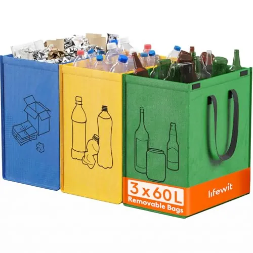 Lifewit Cubo de Basura Reciclaje, 3 Bolsas Reciclaje Basura Colores | Contenedores de reciclaje, recycling bin para papel, cartón, plástico, vidrio, botellas, cocina, exterior, 3×60L